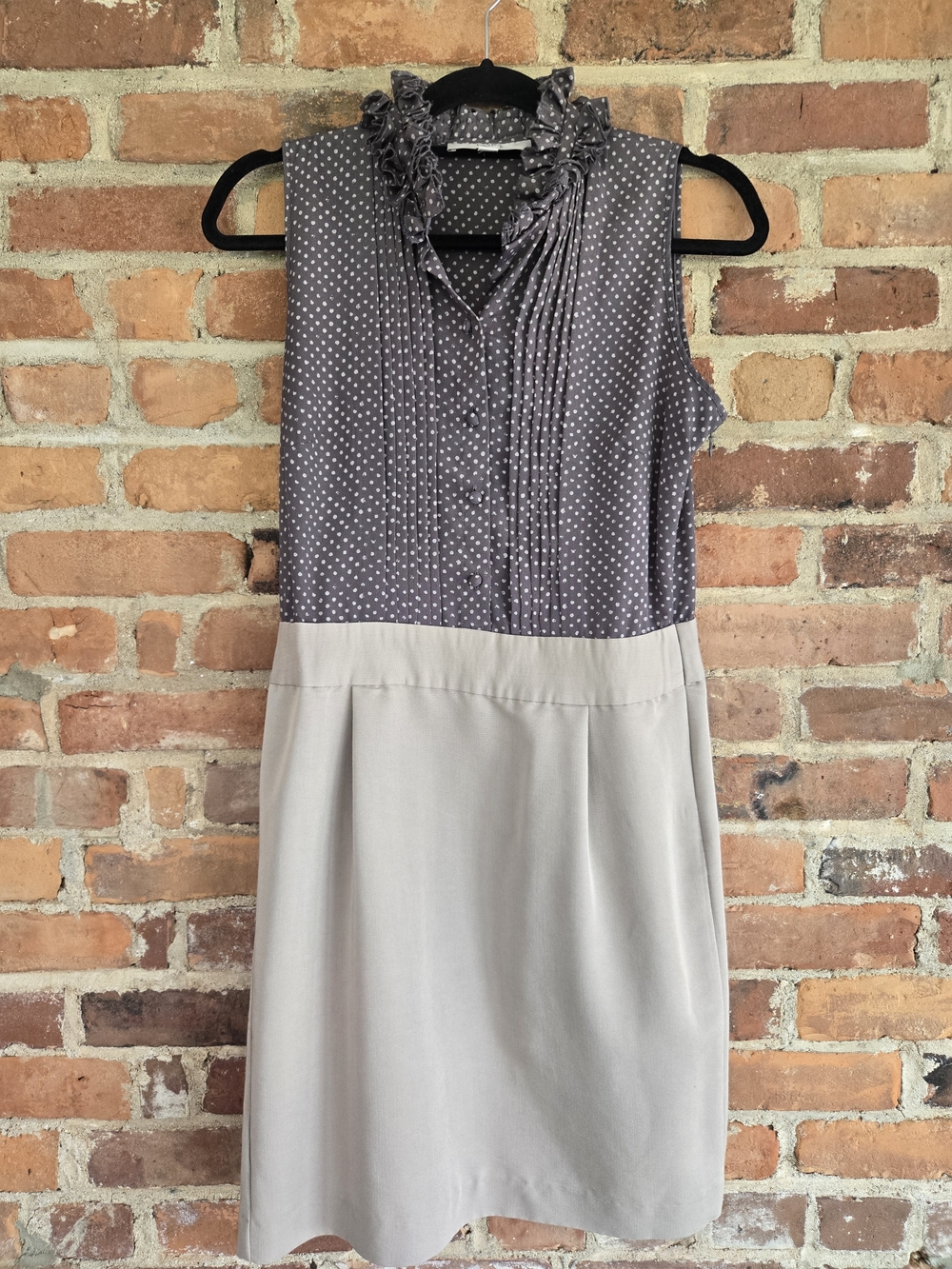 LOFT Gray Polka Dot Bodice with Tan Skirt Sleeveless Dress